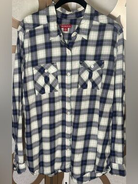 Merona Plaid Button Down Shirt XXL Blue Green Cotton Roll Tab Sleeve